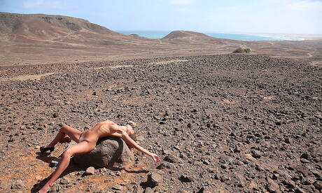 Svelte teen Melena A exposing tiny tits and dildoing outside